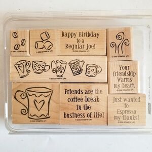Vintage 2002 Stampin Up Espress Yourself Wood Mounted Stamp Set Coffee Mug Beans